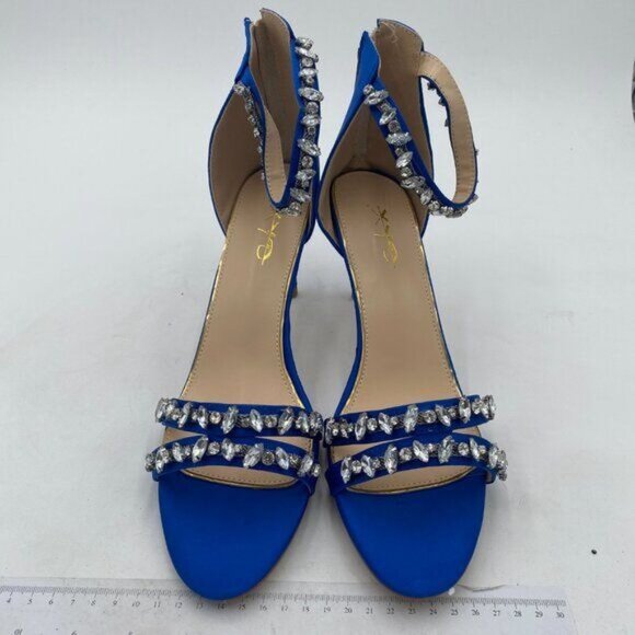 XYD Royal Blue High Heel Rhinestone Strappy Sandals Open Toe Ankle Strap Shoes - Picture 3 of 8